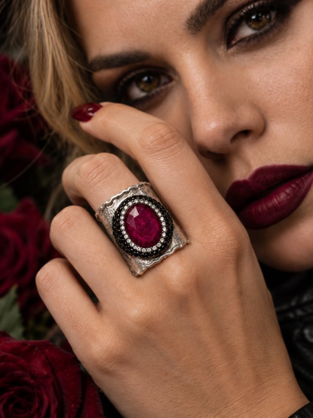 Wide Band Silver Statement Ring Dyed Ruby Hematite Artisan Whimsigoth Cuff 8 9